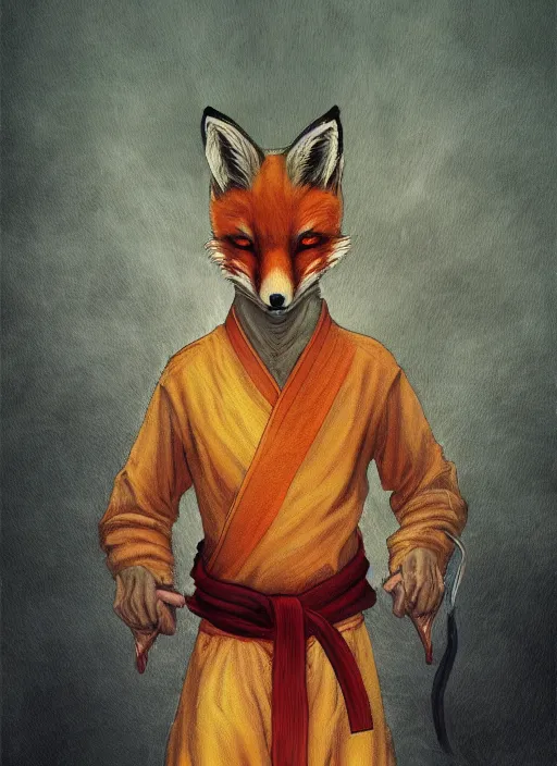 Image similar to A fantasy comic book style portrait painting of a fox person in monk clothing training martial arts, DAZ, hyperrealistic, ambient light, dynamic light