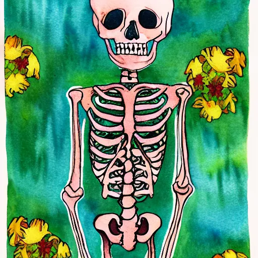 Image similar to skeleton surrounded by flowers, watercolor