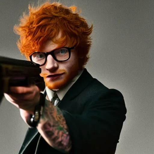 Image similar to ed sheeran as spike spiegel from cowboy bebop, holding a gun like james bond, cinematic, 4 k, realistic, wide angle lens. 8 k, hyperdetailed, precise, low - lighting