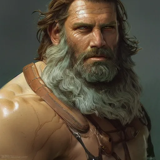 Image similar to portrait of a rugged male barbarian, D&D, fantasy, intricate, elegant, highly detailed, digital painting, artstation, concept art, smooth, sharp focus, illustration, art by artgerm and greg rutkowski and alphonse mucha