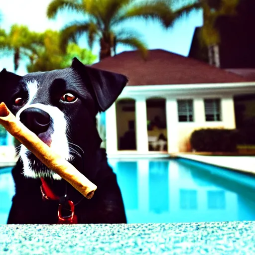 Image similar to a very detailed photo of a dog smoking a cigar outside the mansion by the pool