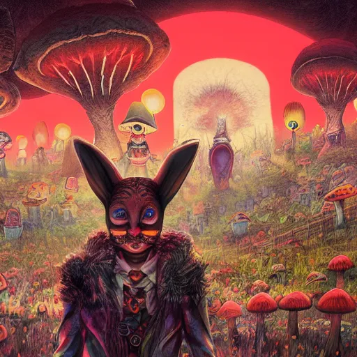 Image similar to 4 k headshot portrait of a psychedelic demonic anthropomorphic bunny rabbit with mushroom themed clothes, magic mushroom village in background by jeff easley, award winning, stylized neon, post - processing, masterpiece, superb resolution. in the art style of junji ito and greg rutkowski. detailed mushroom city in background. hyper realistic anime. perfect art. dalle 2