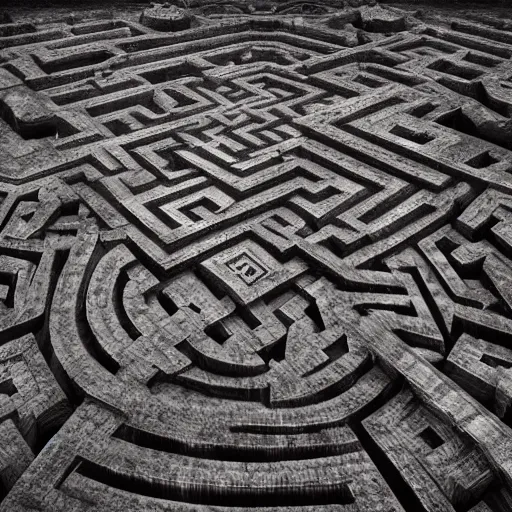 Image similar to Aereal view of an ancient intricate labyrinth, intricate, baroque, wonderland, photorealistic, photography, octane, high definition, detailed, 8k, artstation