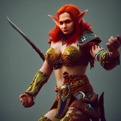 Image similar to beautiful redhead elf with warrior outfit, clash royal style characters, unreal engine 5, octane render, detailed, cinematografic, cinema 4 d