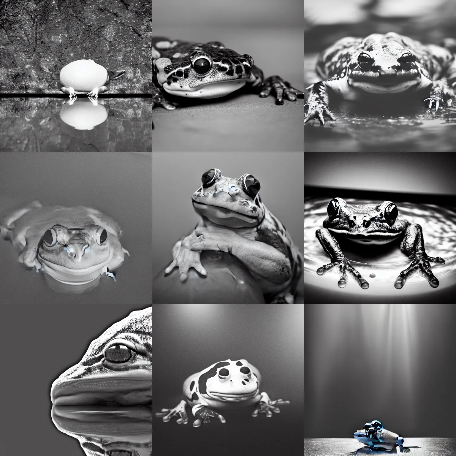 Prompt: Monochrome photo of a big frog. The frog has 10 eyes. The frog sits on top of a backlit glass sphere