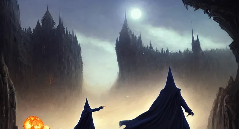 Image similar to handsome mage with stave running away from giant airship, black hair wearing round hooded gothic navy cloak, cave town, movie action still frame, ultra wide horizon, intricate, elegant, highly detailed, hyperrealism, digital painting, concept art, smooth, sharp, focus, illustration, art by artgerm, greg rutkowski, ilya kuvshinov