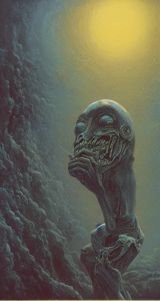Image similar to Painting in a style of Beksinski featuring a giant alien crying. Pain and suffering in the background
