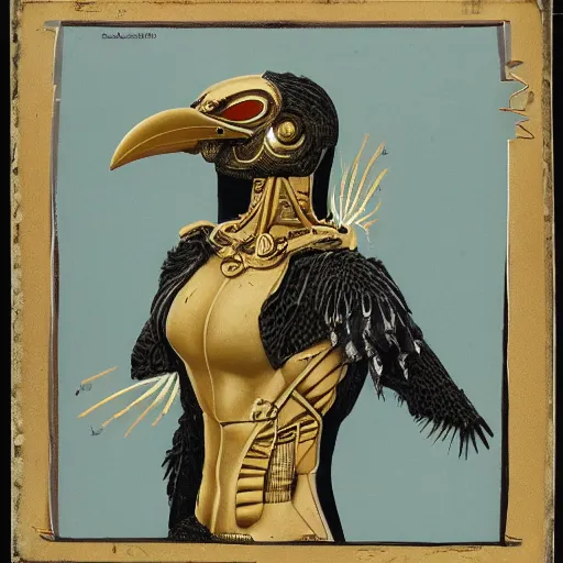 Prompt: an organic cybernetic being, anthropomorphic crow, ornate golden detailing on their body