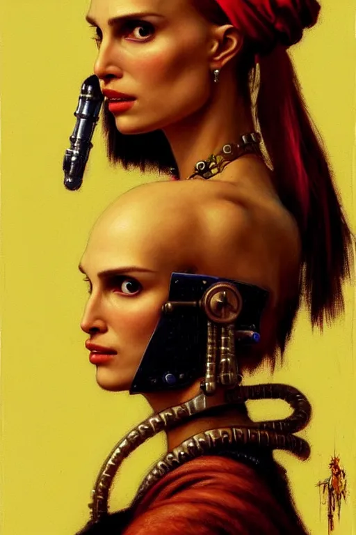 Image similar to character portrait cyberpunk warhammer 4 0 k, natalie portman as the girl with the pearl earring character design, painting by gaston bussiere, katsuya terada, frank frazetta, tom of finland, trending on artstation