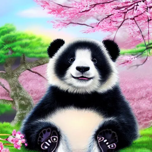 Image similar to cute fluffy baby panda cub sitting under a pink cherry blossom tree japanese landscape detailed painting 4K