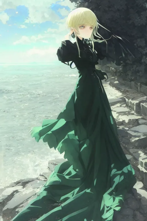 Image similar to victorique de blois anime girl gosick super detailed green eyes green eyes green eyes green eyes black dress black dress black dress black dress blonde hair by greg rutkowski makoto shinkai aramaki shinji artgerm, cushart krenz key art feminine award winning