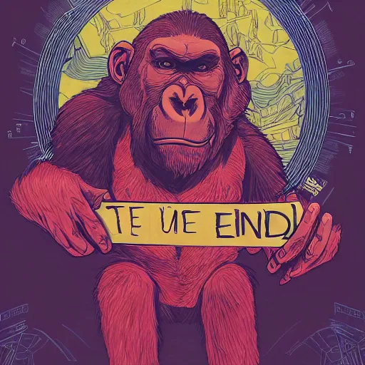 Prompt: an ape holding a sign that says the end is near, an ultrafine detailed illustration by james jean, intricate linework, bright colors, final fantasy, behance contest winner, vanitas, angular, altermodern, unreal engine 5 highly rendered, global illumination, radiant light, detailed and intricate environment