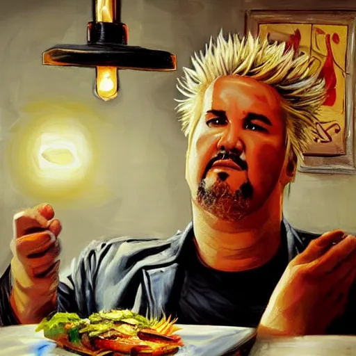 Image similar to Guy Fieri in a modern restaurant kitchen, painting by Greg Rutkowski, dramatic lighting, at night, sharp focus