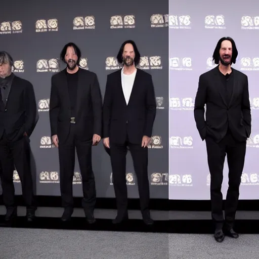 Prompt: several keanu reeves standing next to each other in a row, highly detailed, extremely high quality, hd, 4 k, 8 k, professional photographer, 4 0 mp, lifelike, top - rated, award winning, realistic, detailed lighting, detailed shadows, sharp, no blur, edited, corrected, trending