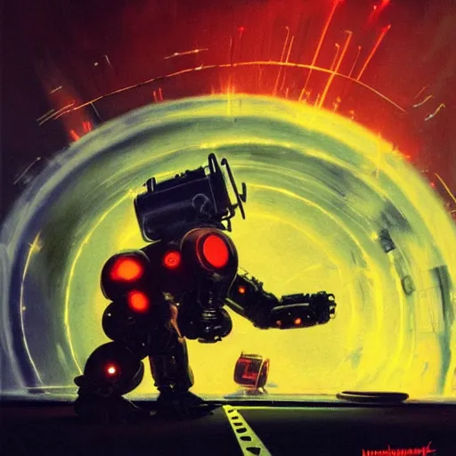 Image similar to a dark and colorful close - up of a sci - fi mecha cat robot with led lights glowing fog in the background. highly detailed science fiction painting by norman rockwell, frank frazetta, and syd mead. rich colors, high contrast, gloomy atmosphere, dark background. trending on artstation