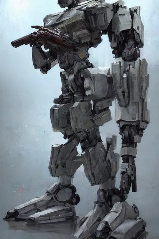 Prompt: full body shot of a mech soldier holstering its rifle, Art Station, Trending on Artstation, Pinterest, cgsociety, concept art, cinematic, 8k, hyper detailed, ultra realistic, epic, high resolution, digital art, ultra high quality, sci fi, robot, sharp, 4k UHD, realistic, intricate, masterpiece ,art by Yi Yang artstation + StTheo + Alan Van Ryzin,