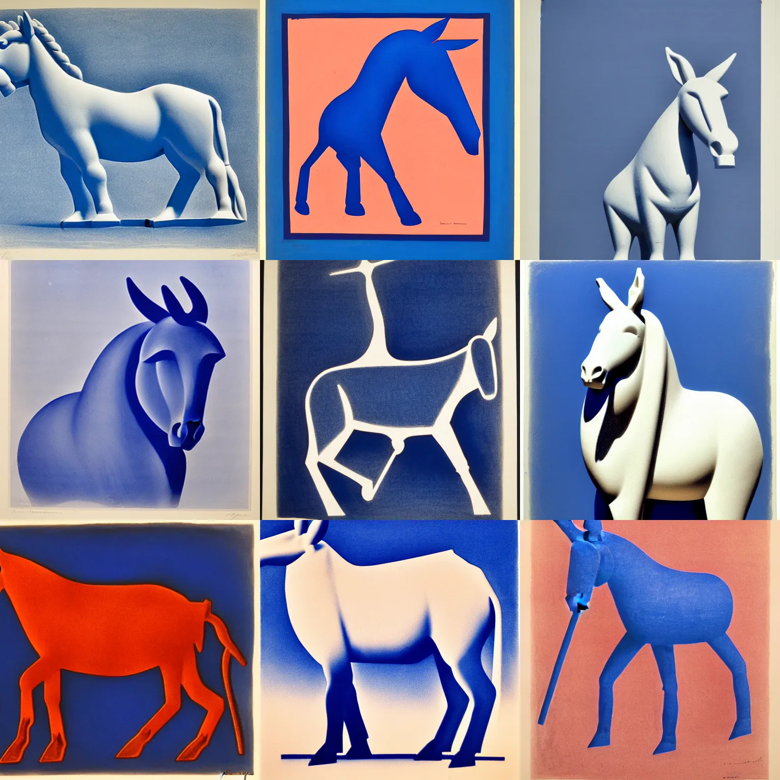 Prompt: duotone lithograph of cycladic sculpture of a donkey, ultramarine blue and red iron oxide