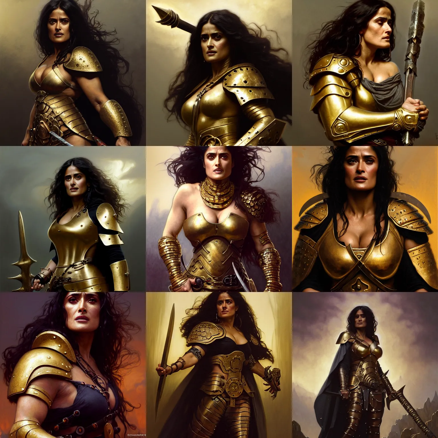 Prompt: portrait of Salma Hayek as a muscled and determined female barbarian clothed in GOLD METALIC armor and a BLACK cloak, neutral expression, by Greg Rutkowski and John Collier and Krenz Cushart and Artem Demura and Alphonse Mucha and Albert Aublet, as seen on ArtStation, 4k, dungeons and dragons, very aesthetic, very detailed, intricate, unreal, fantasy, dramatic, painterly, artstation, sharp focus, smooth