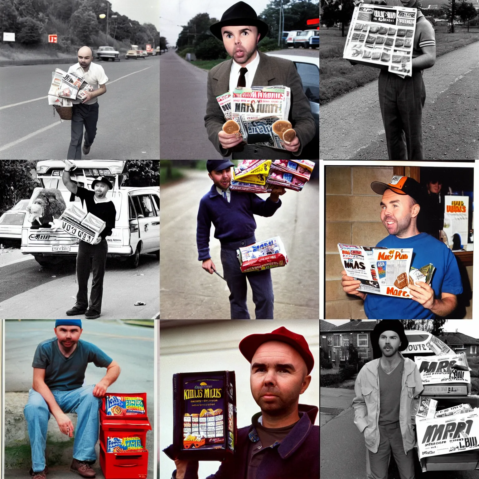 Prompt: karl pilkington delivering newspapers, eating mars bar candy, color, 1 9 8 7