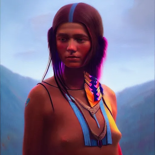 Prompt: painting of A pretty girl native American by Beeple best on artstation