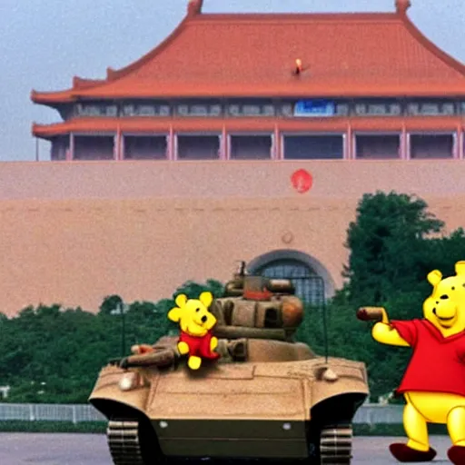 Image similar to Winnie the Pooh riding a tank in Tiananmen square, June 5, 1989, hyperrealistic, photorealistic, ultra hd, 4k, award-winning, cinematic lighting, historic, ominous