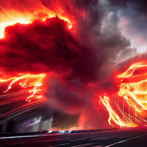 Image similar to flaming tornado ravaging through london, dslr, 8 k, octane beautifully detailed render, hot lighting, warm mood, cinematic lighting, detailed photo, masterpiece, volumetric lighting, ultra realistic, highly detailed, high quality, lossless, photorealistic