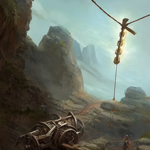 Prompt: a sling catapult, rocks flying, cart wheels, epic fantasy style art by greg rutkowski, fantasy epic digital art