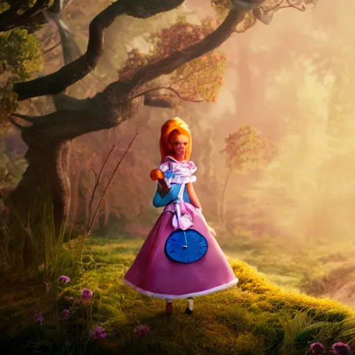 Image similar to alice, doll figurine, alice in wonderland theme, octane render 8 k, disney inspired landscape, artstation, cinematic lighting, hd, ultra realistic