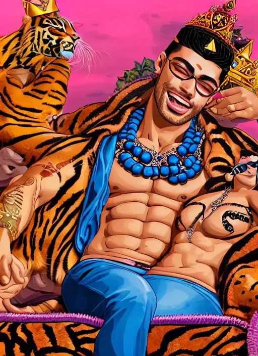 Prompt: muscular Atlantean king Zayn Malik grinning and wearing cholo sunglasses and a heavy bejeweled gold crown with huge blue diamonds on his head while shirtless, thick blue diamond chain around his neck, reclining on a lounge chair with his pet tiger, steelpunk, ghibli studio, nekro, Tom Bagshaw, Craig Mullins, octane 8k, by brian froud, Trending on ArtStation