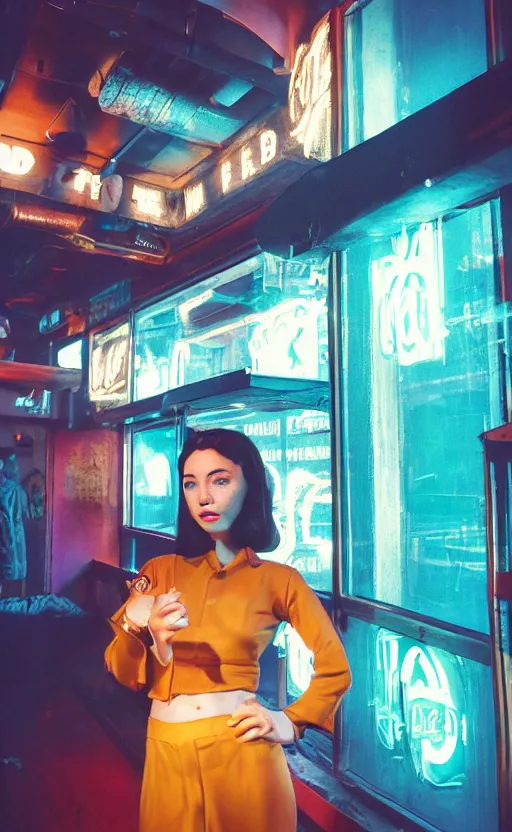 Image similar to vertical movie frame portrait of girl in 5 0's retro restaurant interior, neon - decorated urban on night in the city seen through the window, modern interior design, architectural design, vintage, night blade runner, dark, postapocalyptic, clean lines, 4 k, octane, asian futuristic city at distance, big windows, octane, wide angle