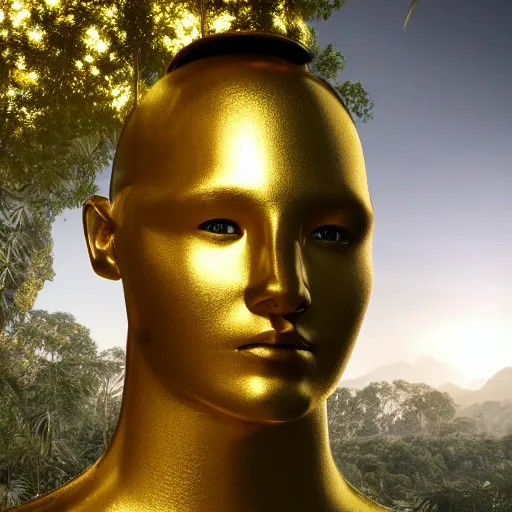 Image similar to a human sculpture made out of shiny gold, blurry jungle background, 8 k, octane render, cinematic lighting, epic shot, photorealistic