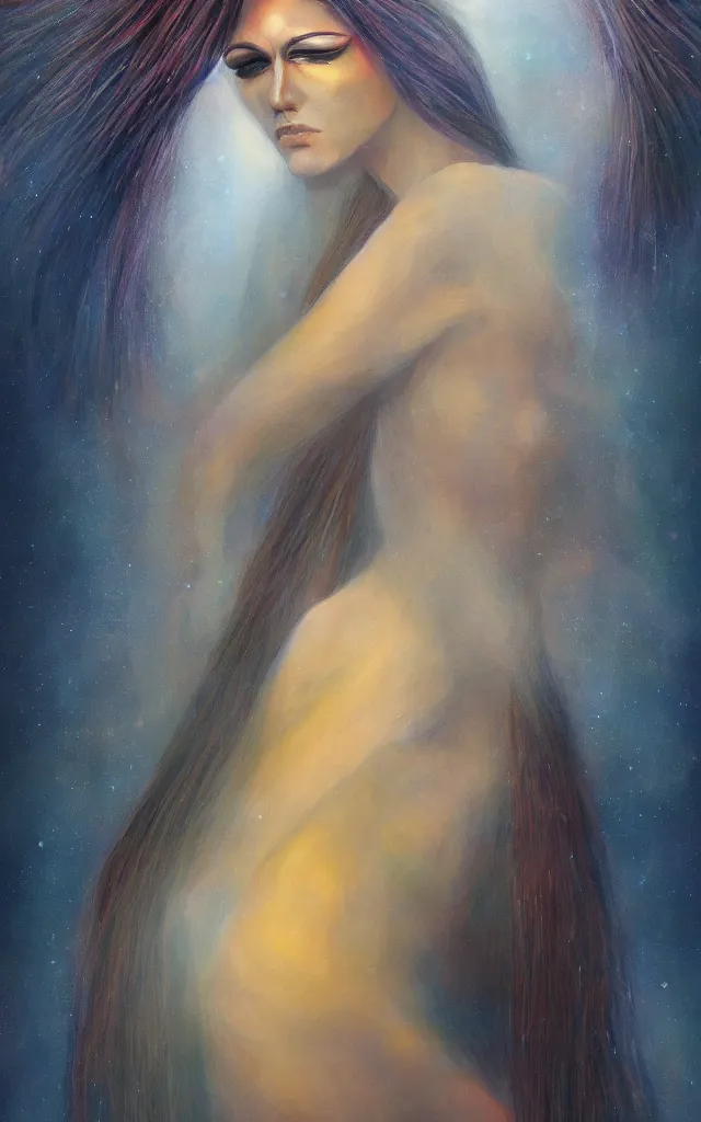 Image similar to iridescent spirit of desire and fear cruel beautiful spirit androgynous with golden eyes lunar mythos ambient fog, award winning oil painting, distinct color palette