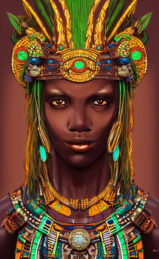 Image similar to upper half portrait of retro futuristic african tribal chief - embellished with vegetation and iridescent crystals, art by stanley artgem lau, highly detailed, digital painting, concept art, illustration, smooth sharp focus, intricate, symmetry, artstation, colourful,