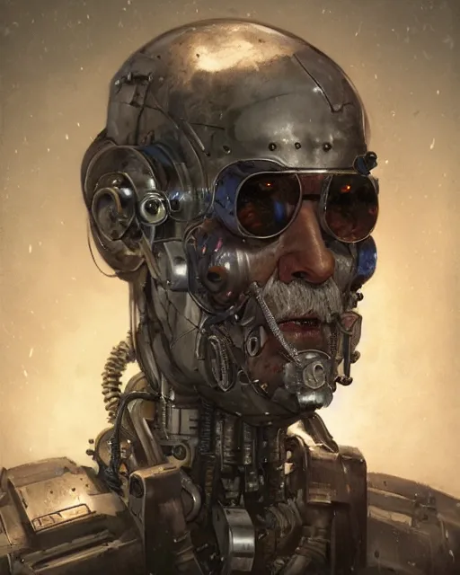 Prompt: a half - masked rugged old laboratory engineer man with cybernetic enhancements as seen from a distance, scifi character portrait by greg rutkowski, esuthio, craig mullins, 1 / 4 headshot, cinematic lighting, dystopian scifi gear, gloomy, profile picture, mechanical, half robot, implants, steampunk