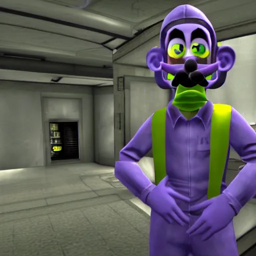 Prompt: waluigi in half life 1 wearing a scientist suit, screenshot from half life 1