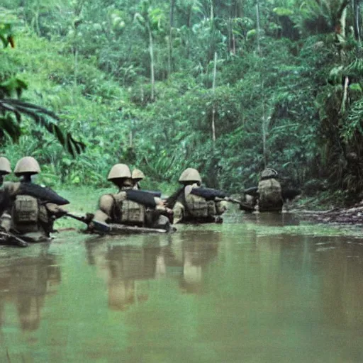 Image similar to wide shot, a formation of American Soldiers patrolling deep in the thick, Vietnamese forest in 1969, painting, colored