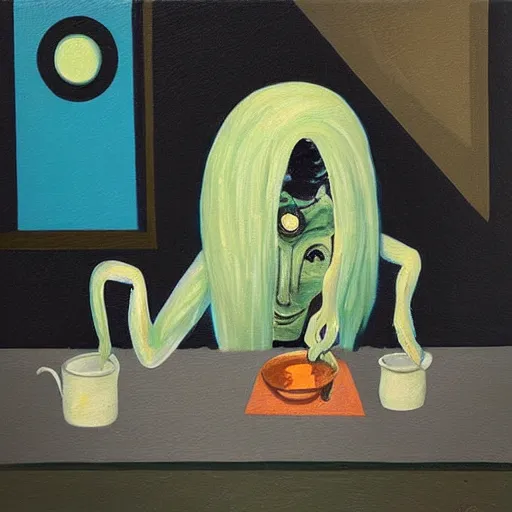 Image similar to “A squid-human hybrid having tea in a decrepit cottage. Acrylic on canvas”