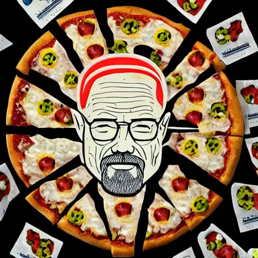 Image similar to pizza made of walter white figurine stickers, unreal, render, splash, award winning photograph