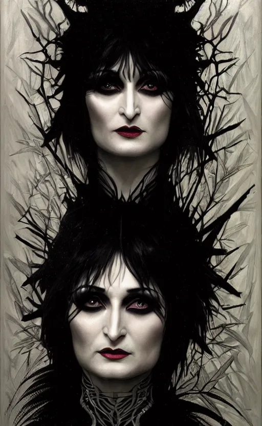 Image similar to portrait of siouxsie sioux, dark and ethereal, expressive pose, peaceful expression, dark gothic dress, fantasy, intricate, dark forest background, highly detailed, digital painting, artstation, concept art, smooth, sharp focus, illustration, art by artgerm and greg rutkowski and alphonse mucha