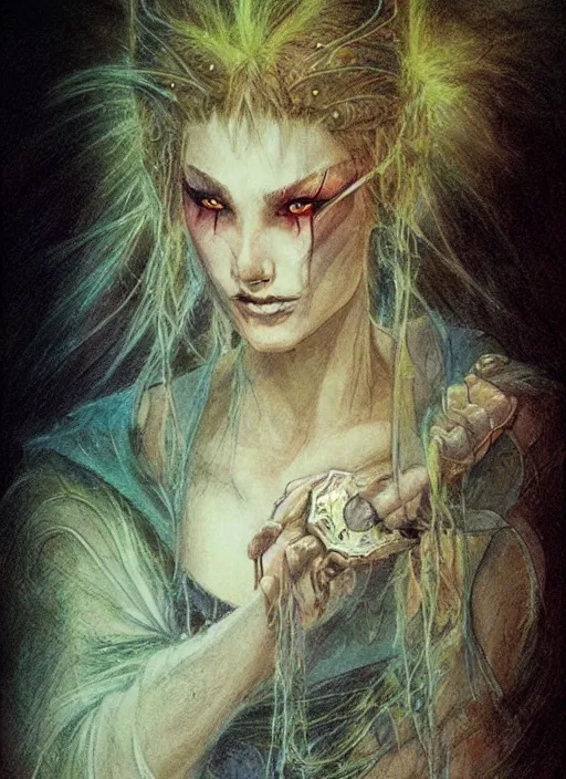 Image similar to portrait of young female sorceress of the endtimes, beautiful! coherent! dungeons and dragons character, by brian froud, strong line, cool night color, high contrast