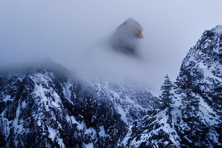 Prompt: taking from above, snowcapped mountain with lots of fog and there was a giant on the top of the mountain. high detail, photorealistic, good lighting, unbelievable.