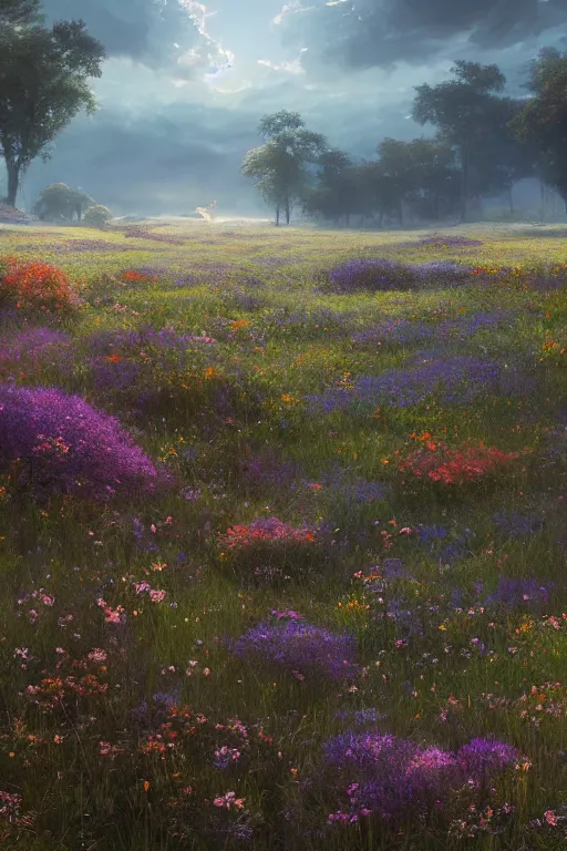 Image similar to An endless beuatiful and colourful meadow by Greg Rutkowski, Sung Choi, Mitchell Mohrhauser, Maciej Kuciara, Johnson Ting, Maxim Verehin, Peter Konig, final fantasy , 8k photorealistic, cinematic lighting, HD, high details, atmospheric,