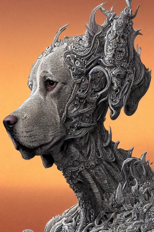 Prompt: Dog as a god, detailed face, gorgeous, delicate and intricate borders for decoration, amazing, flowing hair, muscular, partial anatomy, crepuscular ray, intricate, highly detailed, 8K, digital painting, fantasy, artstation, concept art, sharp focus, over-shoulder shot, illustration, art by Wayne Barlowe, hajime Sorayama alphonse mucha