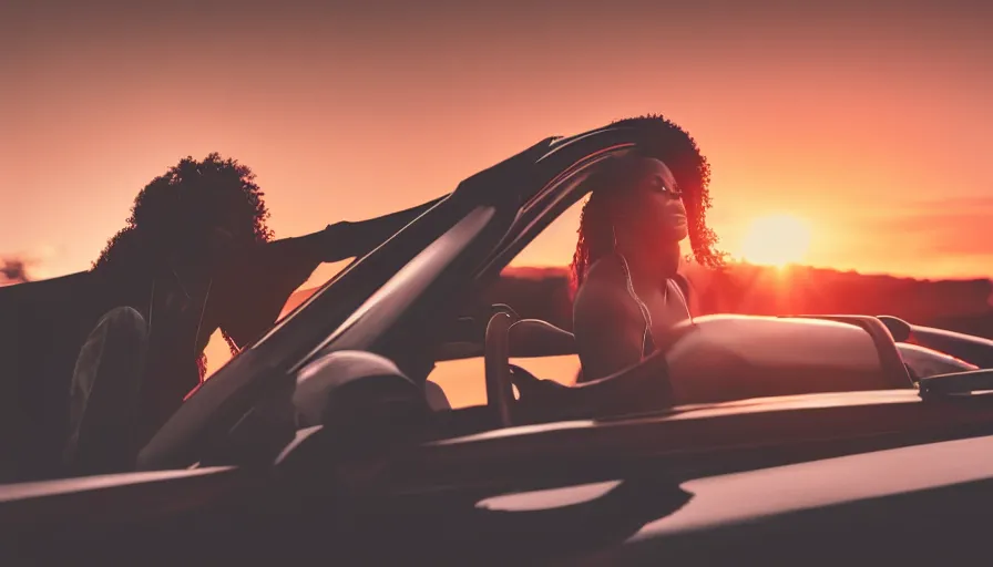 Prompt: a black woman sitting on a red sports car looking at the sunset, golden hour, cinematic, establishing shot