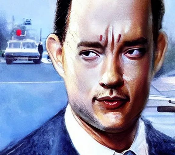 Image similar to Tom hanks as forrest gump wearing a shrimp necklac , realistic face, digtal art, amazing detail, artstation