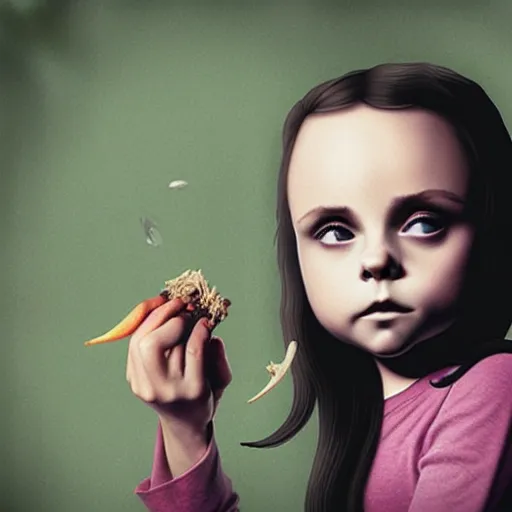 Image similar to young vampire christina ricci eating a clove of garlic, art by beeple