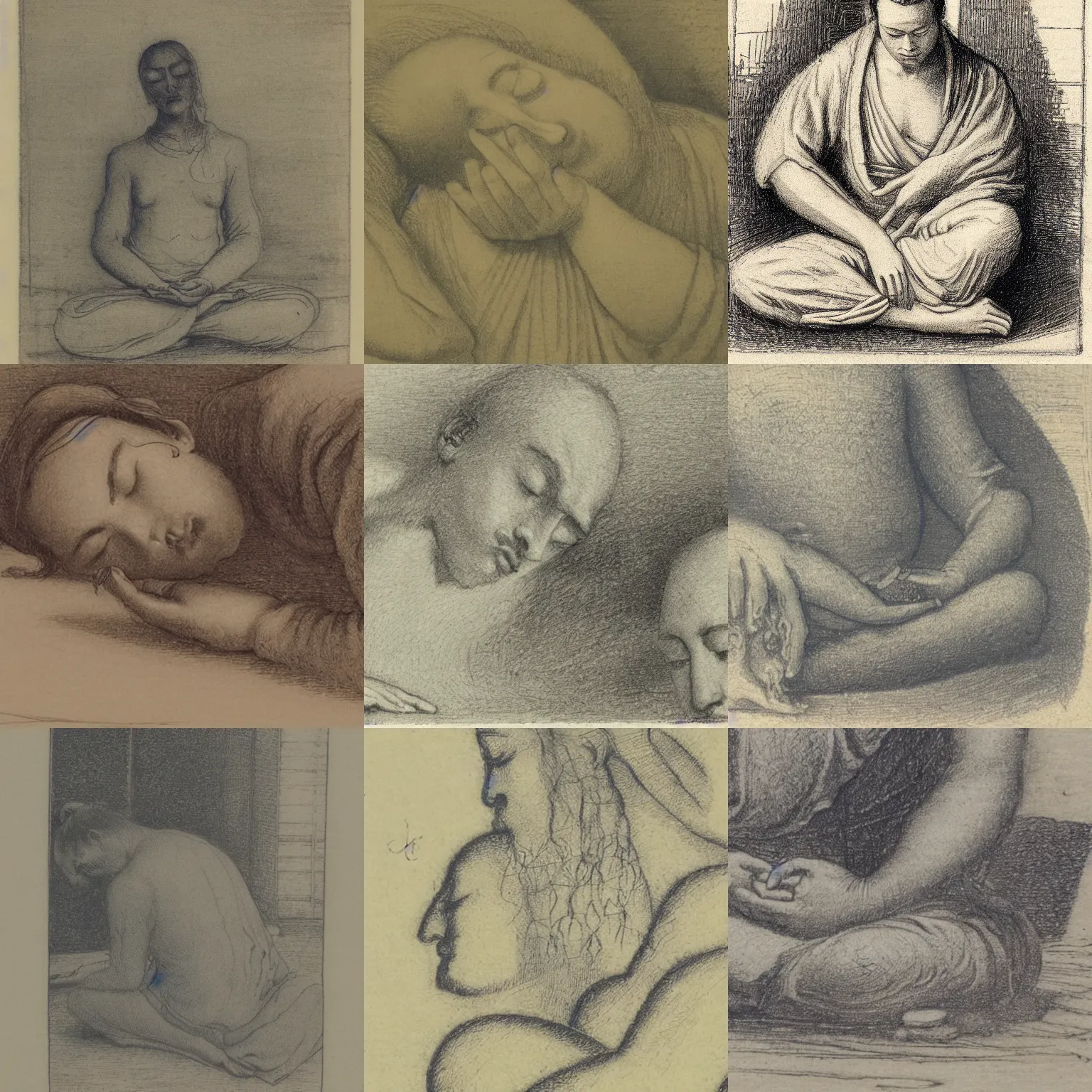 Prompt: sketch close up of two closed eyes meditating, etching by louis le breton, 1 8 6 9, 1 2 0 0 dpi scan