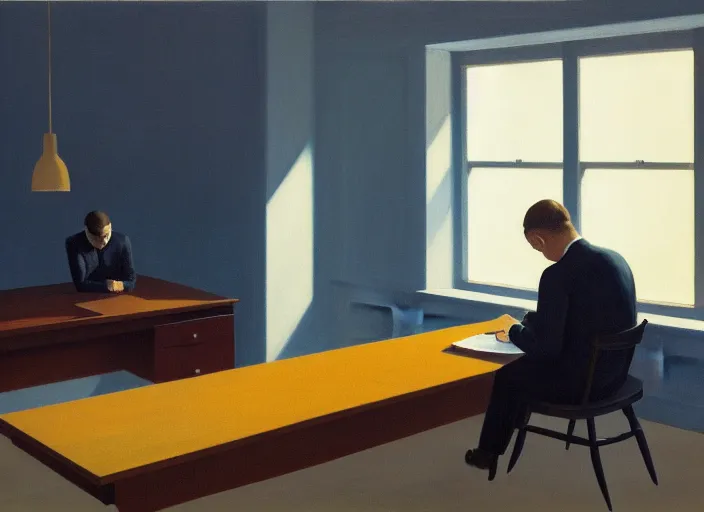 Image similar to painting of a lonely man sitting at his desk in an empty, huge office, in the style of edward hopper, very detailed face