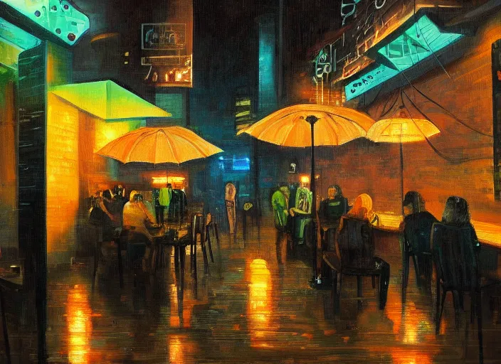 Image similar to melancholy rainy night in a cyberpunk cafe, oil on canvas