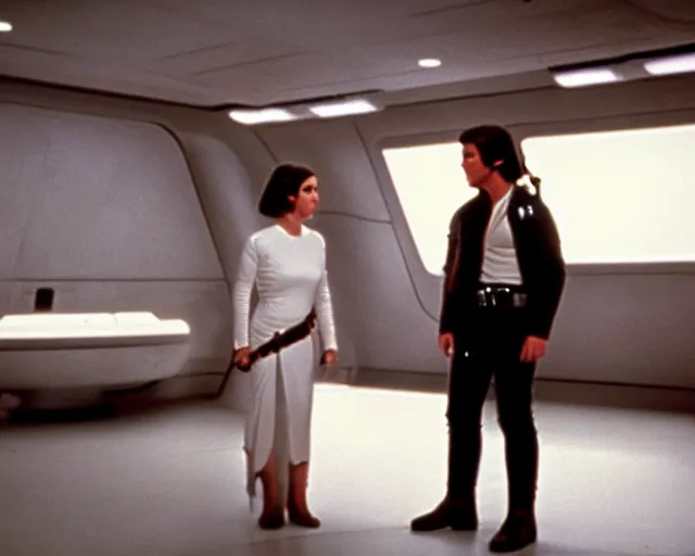 Image similar to screenshot of Han Solo standing next to Princess Leia Organa kiss, alone, pensive, iconic scene from 1970s Star Wars film directed by Stanley Kubrick, in a sci fi nursing home architecture, last jedi, 4k HD sharp, cinematic still frame, photoreal, detailed face, moody lighting, stunning cinematography, anamorphic lenses, kodak color film stock